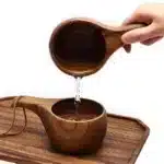 E5BB Finland Kuksa Portable Coffee Mug Acacia-Wood Handle Cowhide Rope Hook Juice Cup – styled in a modern Tabletop setting