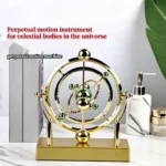 Ornament on a glass desk in an office setting, natural light blending with LED illumination, planets circling.