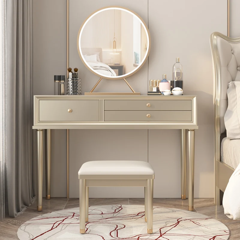 Goldoma Modern Dressing Table with Mirror and Stool – Cherry Wood