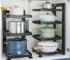 Stainless steel kitchen cabinet organizer with multi-layer shelves holding pots and pans under sink