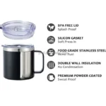 24oz double wall coffee mug with handle and leak-proof lid on a wooden table