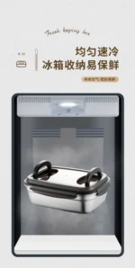 Large stainless steel food storage container with lid and handle for refrigerator organization