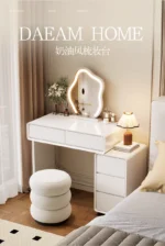 Modern White Wood Dresser with Mirror and Stool – top view
