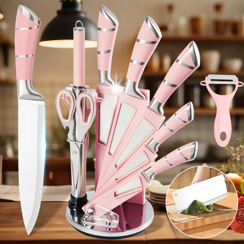 ZENG 9PCS Kitchen Knife Set with stainless steel hollow handle knives, scissors, and peeler on a cutting board