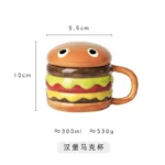Large ceramic mug with lid in hamburger shape, 300ml capacity, colorful design