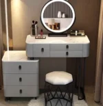 White modern dressing table with mirror and makeup stool - Goldoma furniture