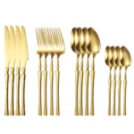 Goldoma 16-piece stainless steel silverware set with forks, knives, and spoons on a wooden table