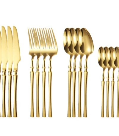 Goldoma 16-piece stainless steel silverware set with forks, knives, and spoons on a wooden table