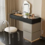 Minimalist modern dressing table with mirror and stool in a bedroom setting with 4 drawers and 4 doors