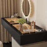 Minimalist modern dressing table with mirror and stool in a bedroom setting with 4 drawers and 4 doors