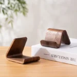 2-in-1 Solid Wood Phone Stand - Black Walnut Business Card Display Rack for Home Office Desk Decor – side view