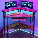 JHK Corner Desk Office Computer Desk for Small Space with LED Lights Gaming Table with Storage Shelves Power Outlets For