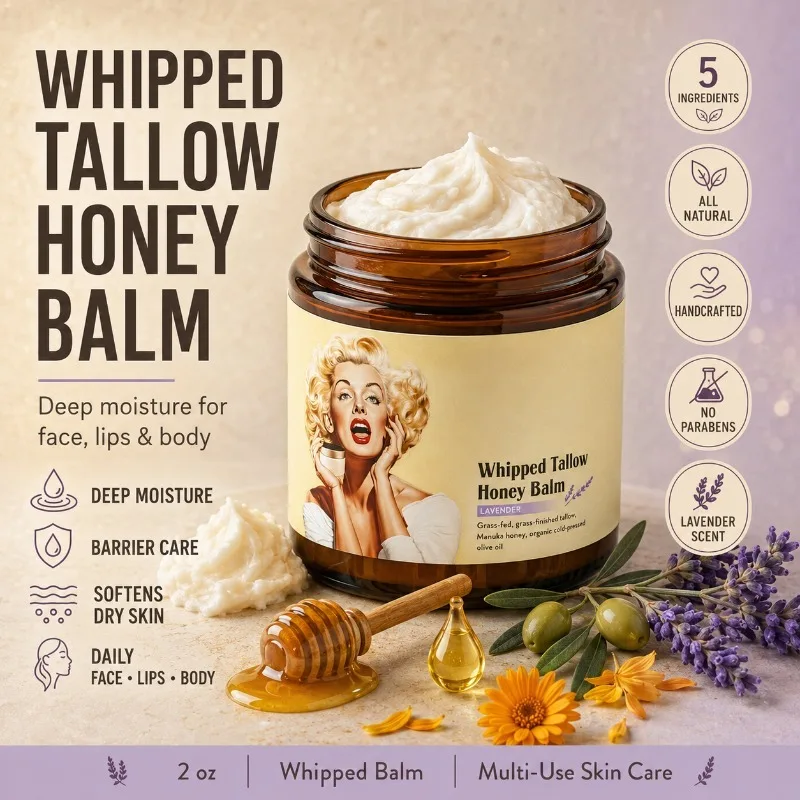 Whipped Beef Tallow and Honey Moisturizer for Skin Face Lips Body Lavender Scent