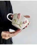 European Relief Ceramic Tulip Cup Afternoon Tea Dessert Pastry Tea Cup Painted Flowers Coffee Mug Couple's Water Cup Café