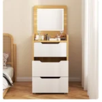 Modern flip cover dressing table with LED light, stool, and three drawers in a bedroom setup