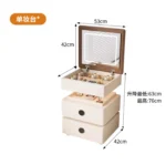 Modern lifting vanity table with mirror in cream finish, featuring rotating top and adjustable height for bedroom use