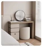 Minimalist wood dressing table with mirror and three storage drawers in modern bedroom setting
