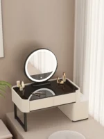 Modern minimalist dressing table with storage shelf for makeup organization in a bedroom