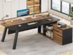 71" Executive Desk with File Cabinet, Large Office Desk with Drawers and Shelves, L Shaped Computer Desk with Power,