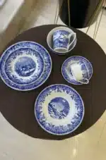 American country style winter snow scenery, glazed color steak, pasta, dinner plate, afternoon tea, coffee cup, plate
