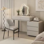 Modern bedroom vanity table with mirror and storage drawers, makeup vanity desk with stool