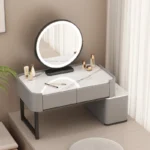 Modern minimalist dressing table with storage shelf for makeup organization in a bedroom