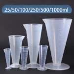 Plastic measuring cup set with 50ml, 100ml, and 250ml capacities, cone shape with round base
