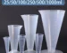 Plastic measuring cup set with 50ml, 100ml, and 250ml capacities, cone shape with round base