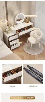 Modern storage vanity table with mirror and stool featuring multiple drawers for bedroom organization