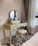 Nordic dressing table with mirror and stool in white solid wood finish