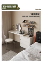 Modern vanity table with mirror and drawers in a bedroom setting