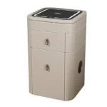 Modern minimalist 3-door solid wood dresser with jewelry organizer in a bedroom setting
