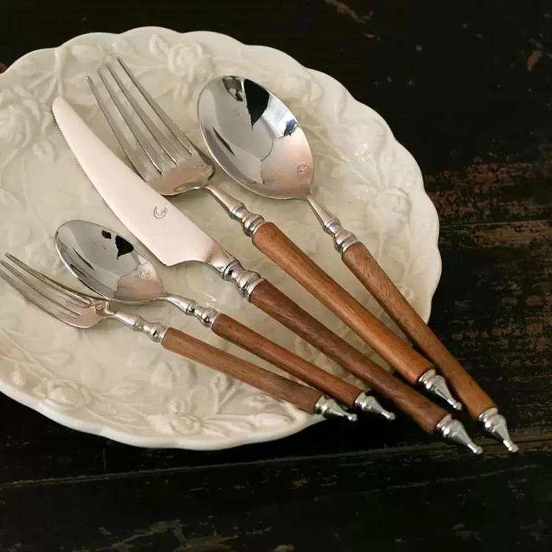 OUT OF STOCK!!! Super Quality 18/10 Stainless Steel Knife Fork Party Cutlery Set Silver Dinnerware Set Nature Wooden Handle
