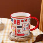Retro ceramic mug with cover in Hong Kong style, featuring nostalgic design and vibrant colors