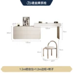 White minimalist wood dresser with mirror and stool in modern bedroom setting