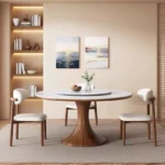 Modern round slate dining table with solid wood legs - Goldoma
