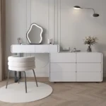 Modern makeup vanity table with mirror and storage drawer in bedroom setting