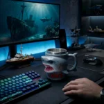 Jaws 50th Anniversary 3D shark mug on a wooden table with coffee