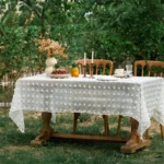 Retro polka dot tablecloth with fringe on a wooden table