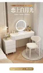 Modern storage vanity table with mirror and stool featuring multiple drawers for bedroom organization