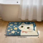 Adorable cartoon cat non slip memory foam bath mat with cotton velvet surface in a bright bathroom