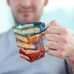 3D Glass Painted Book Mug, Unique Design Books Stack Coffee Mug With Spoon, Book Club Gift for Bookish Bookworm Librarian