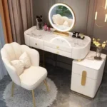 Modern dressing table with mirror and stool in a minimalist bedroom setup
