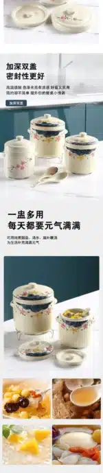 Ceramic Stew Pot Japan Plum Blossom Stew Bowl Double Lid Stewed Bird's Nest Steamed Egg Double Handle Egg Cup Kitchen