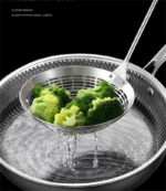 Three sizes of 304 stainless steel strainer with long handles on a kitchen counter