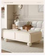Nordic wood TV stand with drawers in a modern living room corner, featuring clean lines and ample storage