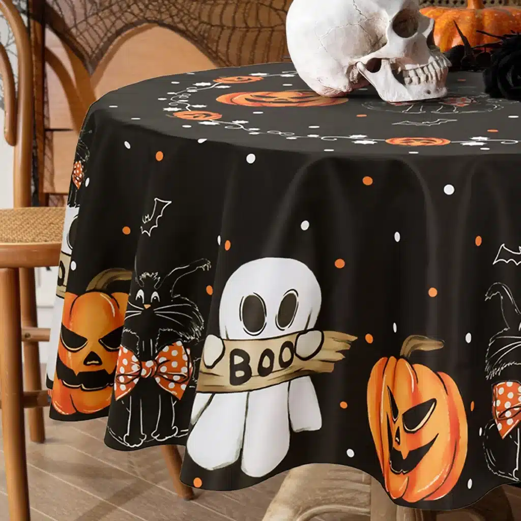 Halloween Round/Traingle Black Pink Tablecloth Pumpkin Spooky Boo Printed Decorative Dining Table Cover for Home Party Decor