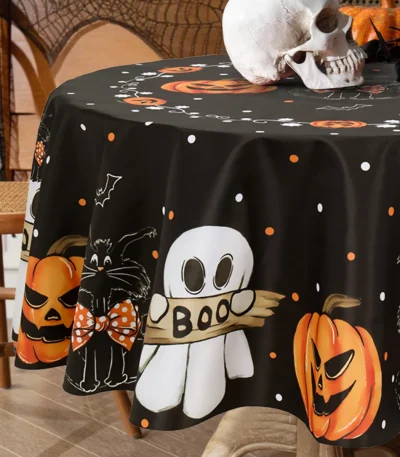 Halloween Round/Traingle Black Pink Tablecloth Pumpkin Spooky Boo Printed Decorative Dining Table Cover for Home Party Decor