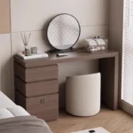 Minimalist wood dressing table with mirror and three storage drawers in modern bedroom setting
