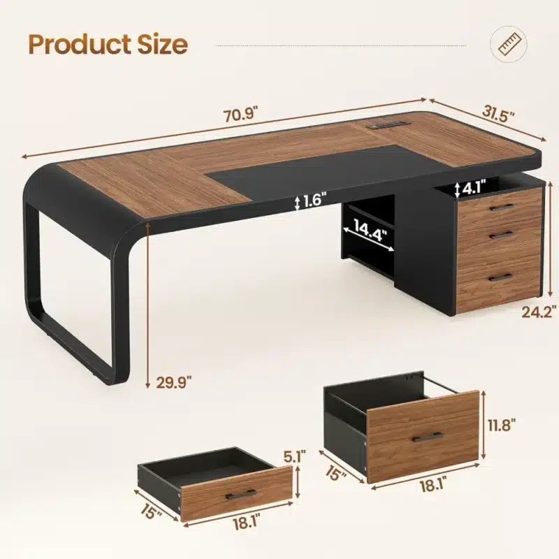 70.9" Executive Desk, Large Computer Desk with Drawers and Lateral File Cabinet, Office Desk with Removable, Customized